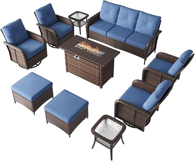 LazySunsets 12 Piece Outdoor Patio Furniture Set with 44'' Fire Pit Table, Wicker Rattan Outdoor Furniture with High Back Swivel Rocker Chairs, Outdoor Sofa Set with Thick Cushion & Ottoman, Navy Blue