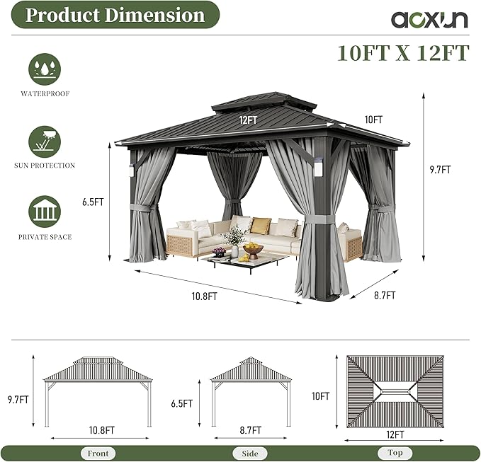 Aoxun 10'x12' Hardtop Gazebo with 4 LED Lights, Outdoor Gazebo with Galvanized Steel Double Roof, Patio Gazebo with Breathable Netting & Privacy Curtain, Decor Hooks for Backyard, Gray