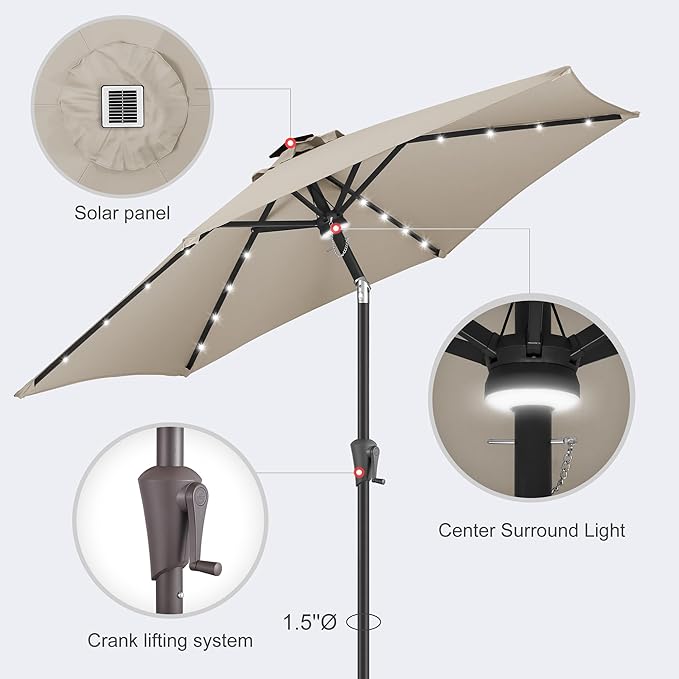 7.5FT Solar Umbrella Outdoor - Lighted Solar Patio Umbrella with 24 LED Lights Waterproof UV Protection, Table Umbrella with Tilt for Pool, Porch, Garden, Deck, Backyard (Taupe)