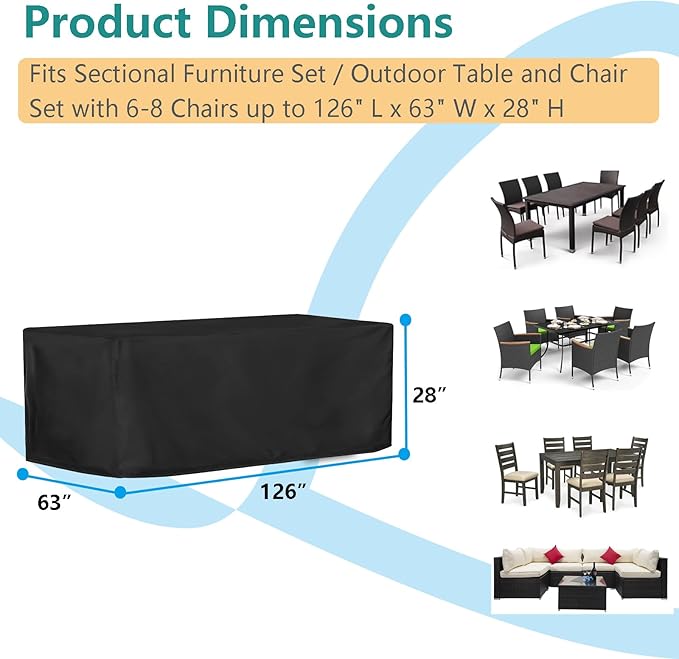 Patio Dining Table Sets Cover, Outdoor Dining Furniture Set Cover for Table with 6-8 Chairs, Patio Furniture Set Cover for Outdoor Sectional Sofa, Waterproof and Windproof, 126" L x 63" W x 28" H