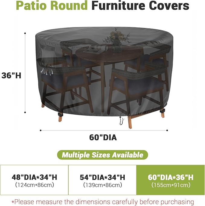 Heavy Duty Round Patio Dining Table Cover, 60 Inch Waterproof Outdoor Furniture Cover for Large Round Table and Chair Sets (Black, 60"DIAx36"H)