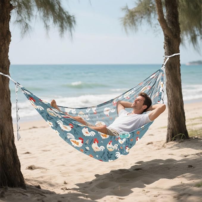 Camping Hammock Outdoor Hammocks for Outside Rooster Flowers Beach Trees Portable Lightweight with Pockets Tree Straps Indoor