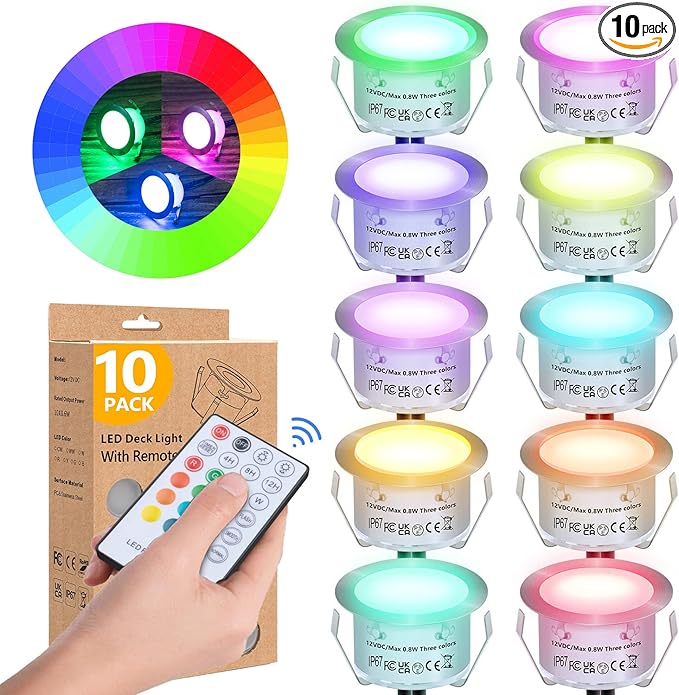 HIBOITEC 10PCS Low Voltage Recessed RGB Deck Lamp φ42mm with Remote Control, LED Deck Lights Kit IP67 Waterproof 12V Low Voltage In Ground Outdoor LED Landscape Lighting for Yard Garden Patio Stair