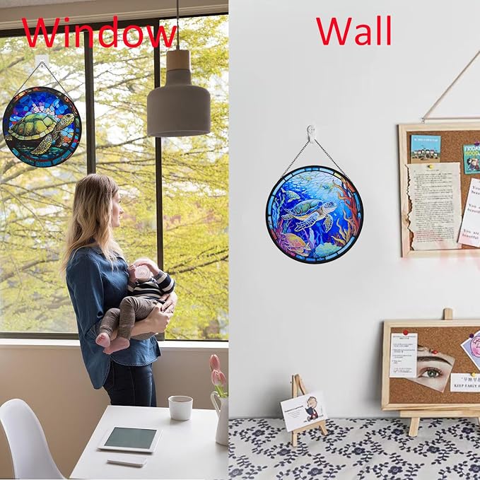 Hanging Stained Glass for Windows,20cm/7.87 inch Turtle Hand-Painted Glass Panel Window Hanging Suncatchers Christmas Ornaments Home Courtyard Decor,Housewarming Gift (Style A)