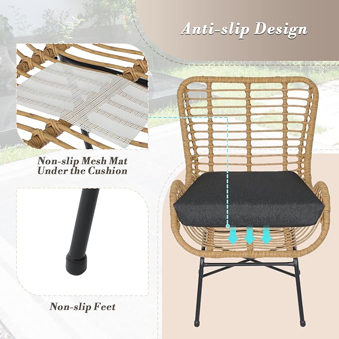 Athena Collection Patio Bistro Sets, 3 Piece All Weather Furniture Set Outdoor Conversation Set Glass Table and Rattan Chairs Set with Soft Cushions for Garden, Poolside, Backyard, Black