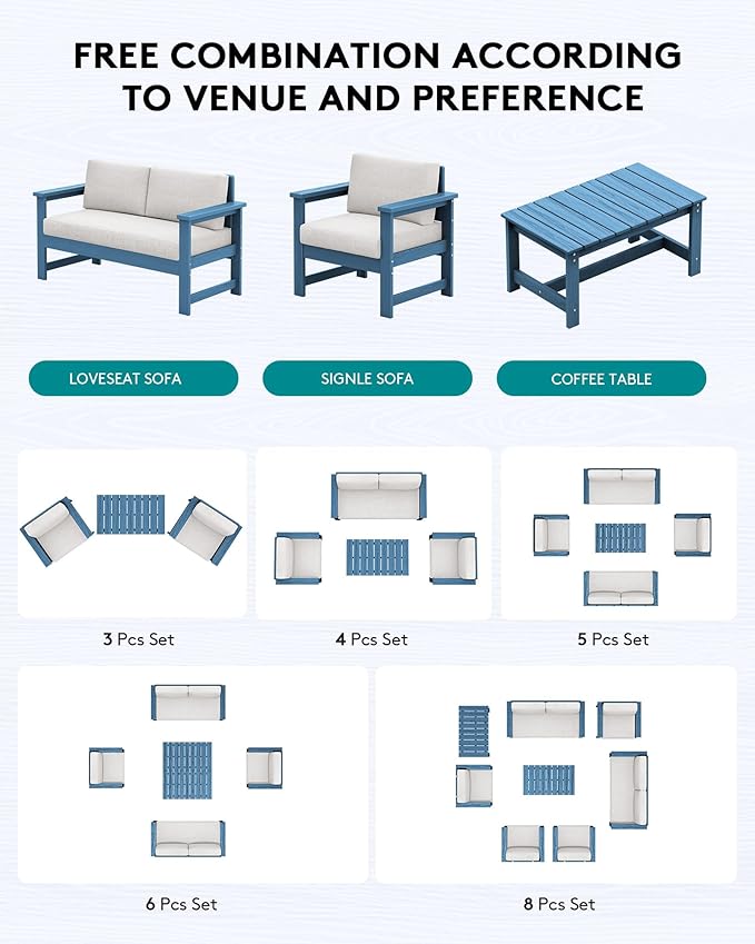 SERWALL 8 Pieces HDPE Outdoor Conversation Sofa Set with Cushions, All Weather Use Couch Loveseat Furniture with Side Table for Balcony, Deck, Poolside, Blue Frame with Khaki Cushions
