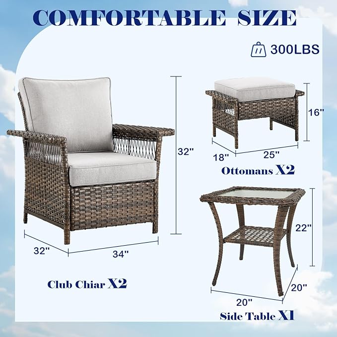Outdoor Wicker Patio Furniture Set - 5 Piece Rattan Patio Conversation Sets with 2 Armrest Chairs,2 Ottomans and 1 Side Table for Porch Deck Garden(Brown/Beige)