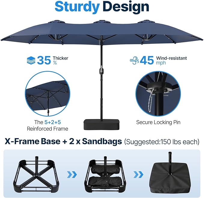 Suteck 15FT Patio Umbrella with Base & Solar Lights Included - Double-Sided Outdoor Large Umbrella with & Crank Handle, UV & Fade Resistant Canopy for Poolside, Backyard, Deck and Market, Dark Blue