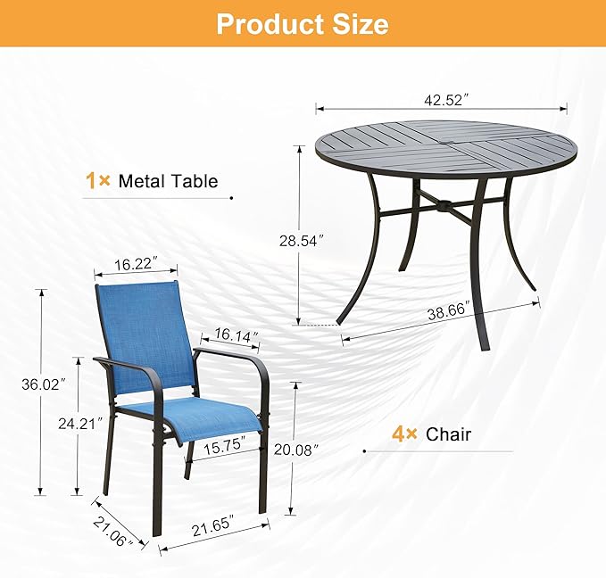 BUPPLEE 5-Piece Round Patio Dining Set with 42" Aluminum Table & 4 Textilene Chairs, Umbrella Hole, Waterproof Outdoor Furniture for Lawn, Deck, Backyard-Blue
