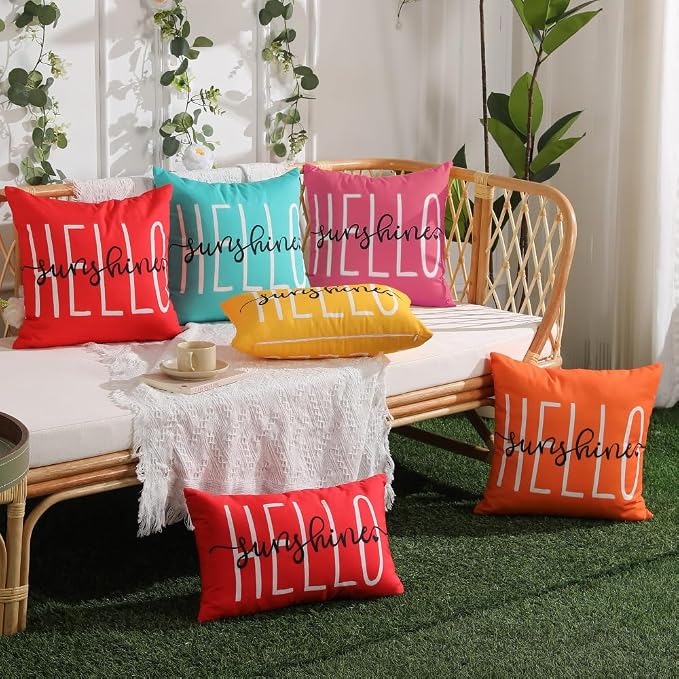 DFXSZ Hot Pink Outdoor Waterproof Pillow Covers 18x18 Set of 2 | Hello Sunshine Decor Spring Summer Polyester Pillow Covers(NO INSERTS)| Decor for Patio Funiture Garden Sofa Couch