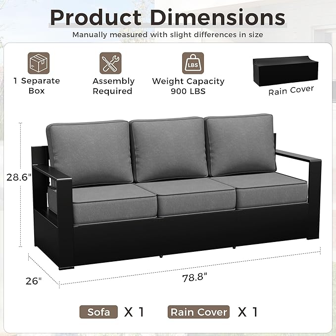 Outdoor Patio Furniture Aluminum Patio Sofa, All-Weather Metal Outdoor Couch with 6 Inch Thick Cushions for Garden, Outside and Porch (Grey, 1 PCS/Sofa)