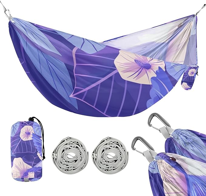 Cartoon Purple Morning Glory Flowers Birds 330lb Capacity Hammocks for Camping with Portabl Carry Bag Hanging Hammock for Patio Backyard Lounge Base jamaca para Patio