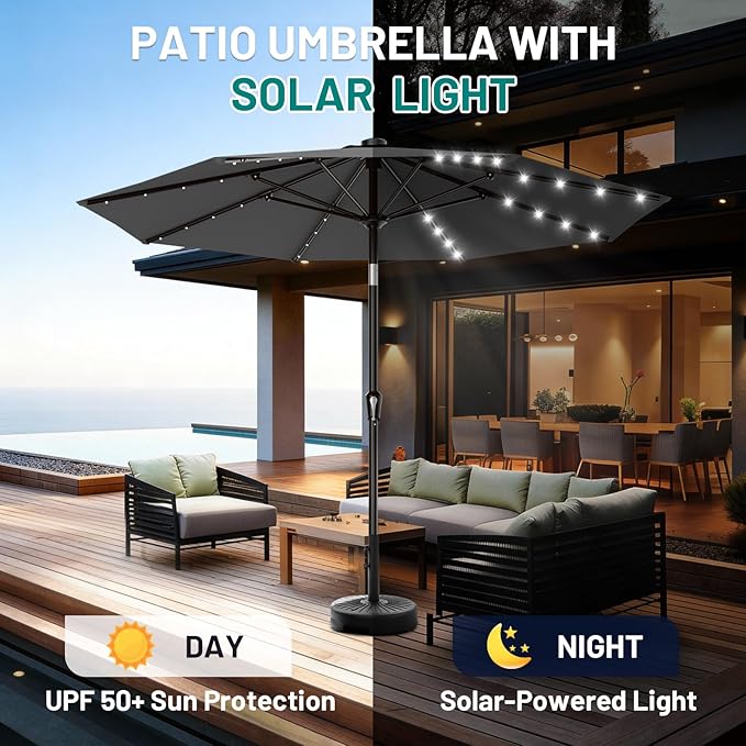 AreShark 9FT Patio Umbrella with Solar Lights, 32 Lighted Pool Umbrella w/Tilt and Crank, Outdoor Market Solar Umbrellas for Garden, Deck, Backyard, Pool and Beach, Gray