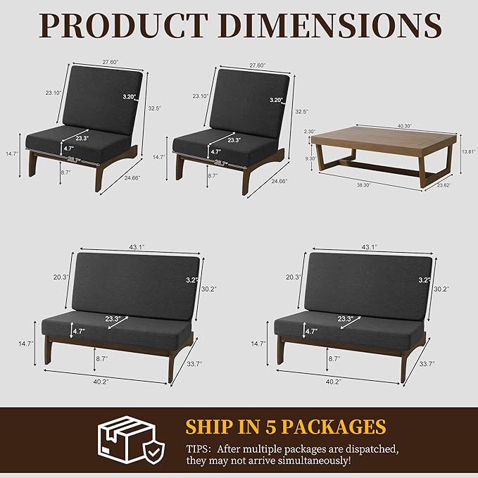 UIXE 5 Pieces Wood Patio Furniture Sets, 2 Patio Loveseat, 2 Patio Bistro Chair, All Weather Outdoor Sectional Sofa Furniture Backyard Conversation Set with Coffee Table - Dark Gray