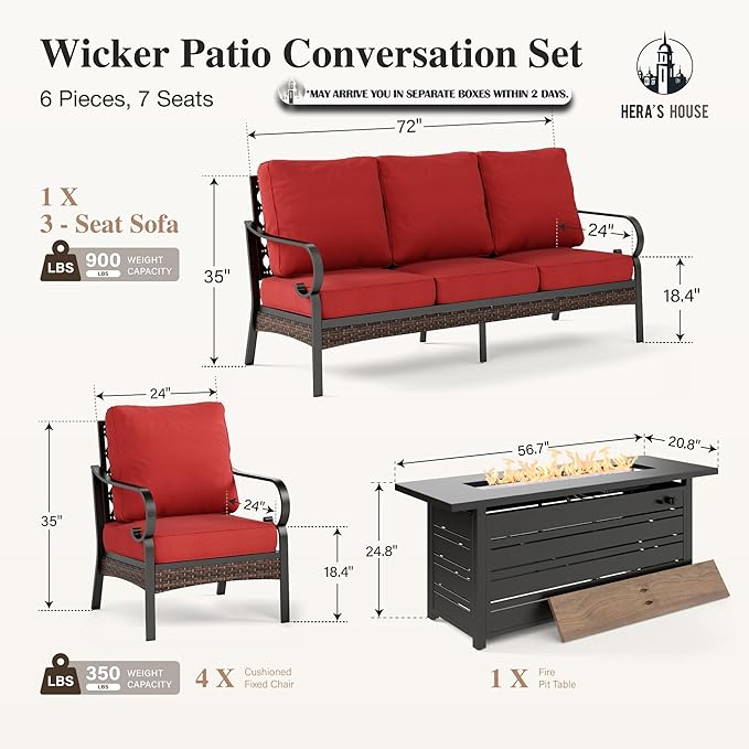 HERA'S HOUSE 6 Piece Metal Patio Furniture Set with 56" Fire Pit Table, All Weather Outdoor Conversation Set, 3 Seat Sofa, 4 Fixed Chairs with Cushions, Seats 7 for Backyard, Garden, Deck,Red