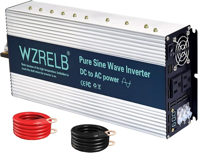 WZRELB 3000W Pure Sine Wave Inverter, Car Power Inverter 60V DC to 110V 120V AC Converter for RV, Truck, Solar, Outdoor with Dual AC Outlets, Hardwire Port, Surge 6000W, LED Display,Off-Grid