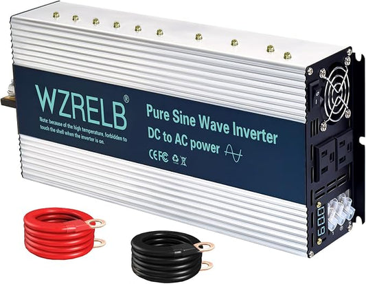 WZRELB 3000W Pure Sine Wave Inverter, Car Power Inverter 60V DC to 110V 120V AC Converter for RV, Truck, Solar, Outdoor with Dual AC Outlets, Hardwire Port, Surge 6000W, LED Display,Off-Grid
