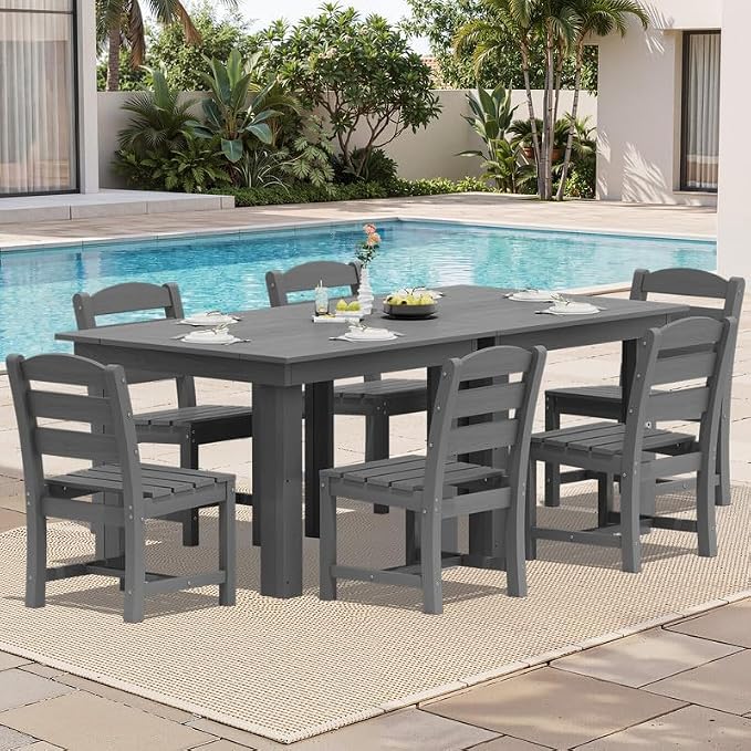 KINGYES 8-Piece HDPE Outdoor Dining Set for 6, Square Patio Table & Armless Chairs with Umbrella Hole, All-Weather Patio Dining Set for Backyard, Garden, Lawn & Poolside, Gray