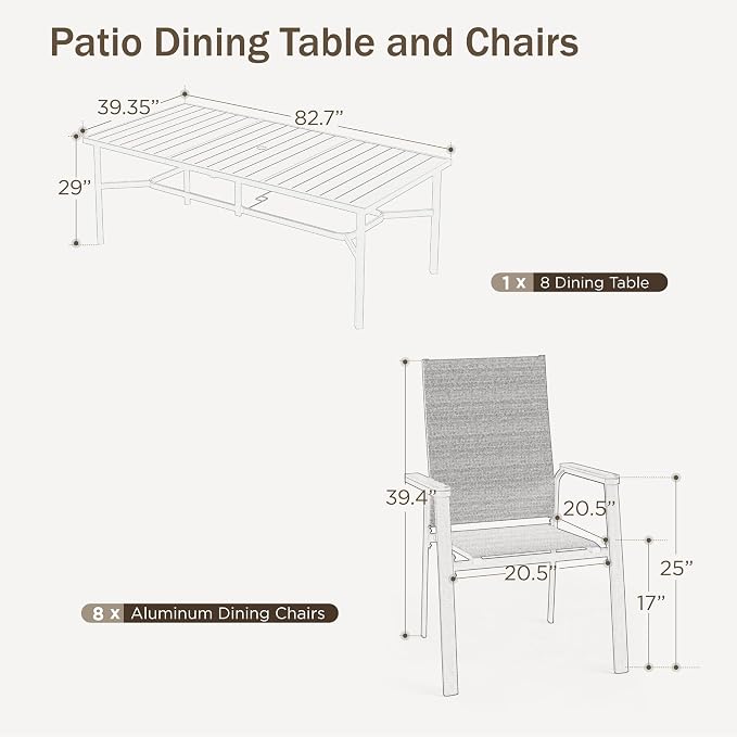 PHI VILLA Outdoor Dining Set for 8 w/Metal Table & Aluminum Chairs, Blue | Stackbale chairs, Breathable & quick-drying, Light-weight & space-saving, Rectangular Table, Umbrella Hole, Patio deck