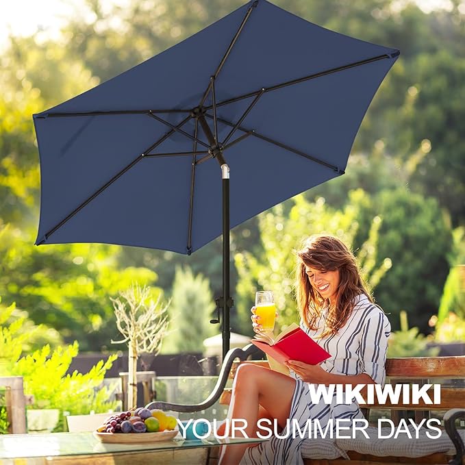 wikiwiki 7.5 FT Patio Umbrellas Outdoor Table Market Umbrella with Push Button Tilt/Crank, 6 Sturdy Ribs, Fade Resistant Waterproof POLYESTER DTY Canopy for Garden, Lawn, Deck, Backyard & Pool, Navy