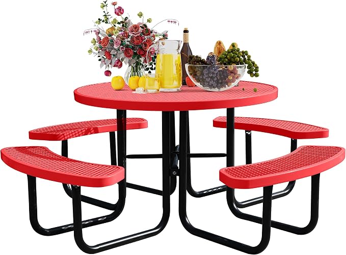 46'' Round Metal Picnic Table for Outdoors, Commercial Steel Metal Picnic Tables, Heavy Duty Sturdy Picnic Tables Furniture Set for Patio Garden Courtyard BBQ, with Umbrella Hole, Red