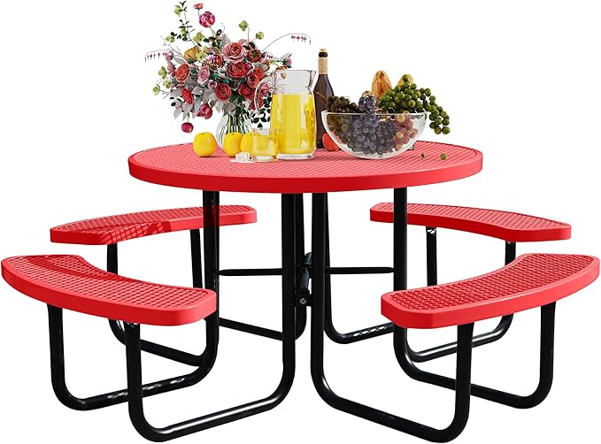 46 Inch Round Outdoor Metal Picnic Table, All-Weather Patio Dining Set for 6-8 Adults, Heavy Duty Steel with Central Umbrella Hole, Perfect for Garden, Backyard, Deck & Small Spaces - Easy Assembly