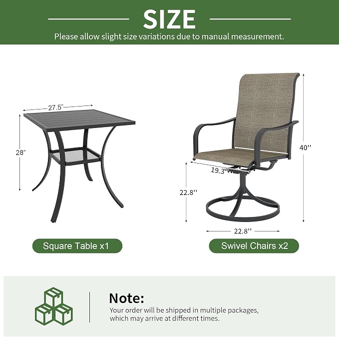 Anmutig 3-Piece Outdoor Patio Dining Set, 27.5" Square Table with 2 Swivel Rocking Patio Chairs Furniture Set for Kitchen Garden, Backyard, Light Tan