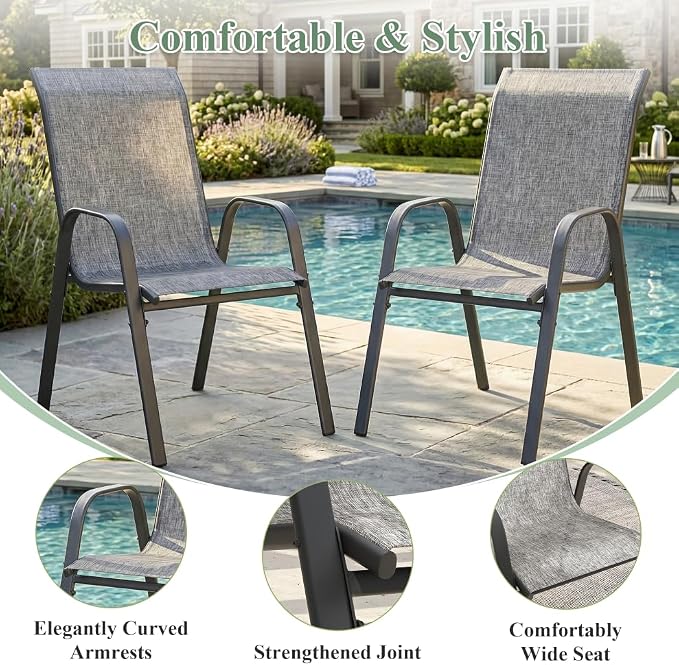 7 Pieces Outdoor Dining Set, 63" Rectangular Table with Umbrella Hole & Stackable Patio Dining Chairs, Patio Table and Chairs Set for Deck Garden Porch, Grey Chairs & Dark Grey Table