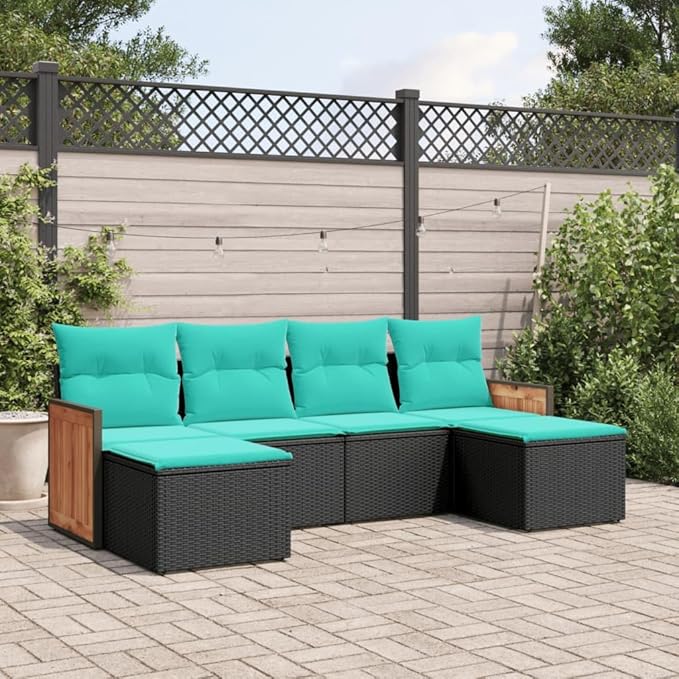 6 Piece Patio Sofa Set with Cushions, Patio Conversation Set Porch Furniture Set Sectional Sofa Front Porch Furniture for Exhibition Piazza Garden Poolside Black Poly Rattan