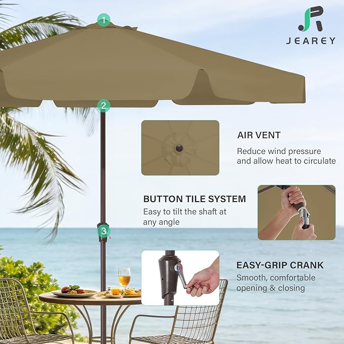 JEAREY 9 FT Patio Umbrella Outdoor, Table Umbrellas Market Umbrella w/Push Button Tilt/Crank, 8 Sturdy Ribs(Tan)