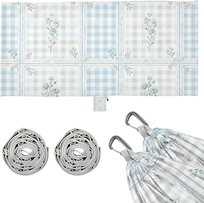 Blue Gingham Floral Hammocks for Camping with Portabl Carry Bag Hanging Hammock Outside Beach Patio Garden
