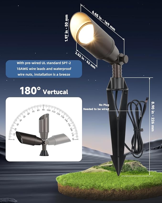 Outdoor Spot Lights for Yard 12V Wired Low Voltage Landscape Spotlights Aluminum Spot Lights with 4W MR16 LED Bulb Warm White, Waterproof Ip65 Spotlight Outdoor for Garden and Yard 2-Pack