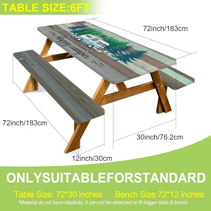 ANNA QUEEN Happy Camper RV 6FT Picnic Table Cover 3PCS Set 72"x30", Waterproof Outdoor Table and Bench Covers for Campsites and Family RV Trips