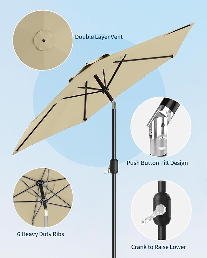 GarveeLife 7.5 ft Outdoor Patio Umbrella, Outdoor Table Umbrella, Market Umbrella With Push Button Tilt and Crank, 6 Sturdy Ribs UV Protection Waterproof for Garden, Deck, Backyard, Pool, Beige
