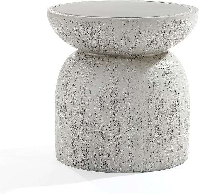 LuxenHome 16" Outdoor Side Table, MgO Rustic End Tables for Patio,Off White and Gray Weathered Round Table, Small Accent Table for Indoor Outdoor Use, Decorative Garden Stool