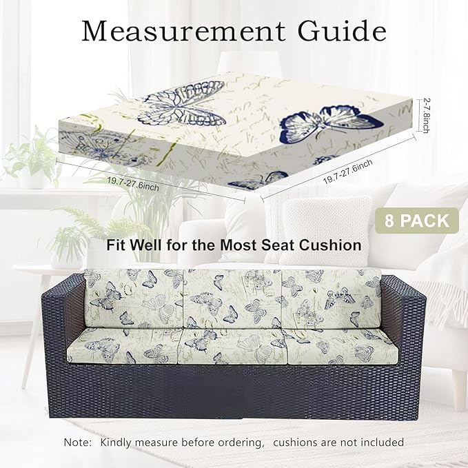 CALBODE 8pcs Outdoor Printed Sofa Seat Cushion Covers Strechable, Waterproof Elastic Half-Covered Sofa Covers Washable Reusable Patio Furniture Protector（Butterlfy, Cover Only）