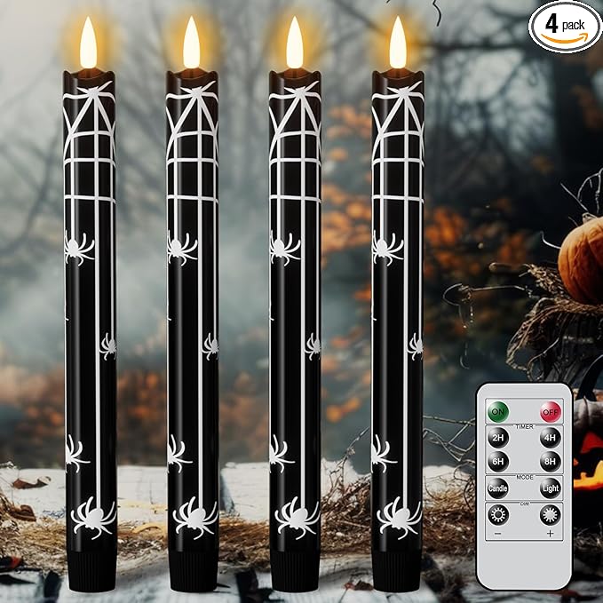 Eldnacele Halloween Flameless Flickering Taper Candles with Remote and Timer, Battery Operated Spider Web Decal Real Wax Black LED Window Candles Set of 4 Table Centerpiece Horror Halloween Decor