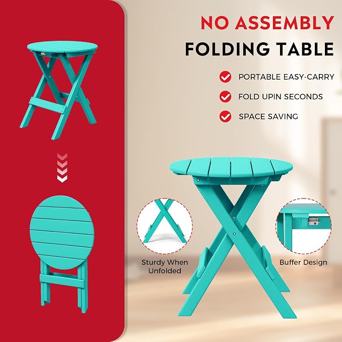 Costaelm Outdoor Bistro Table and Chairs Set of 2, Round Portable Folding Bar Height Barstool Set of 3, Tall Balcony Pub High Top Table 3 piece Patio Set for Deck, Backyard, Garden, Turquoise