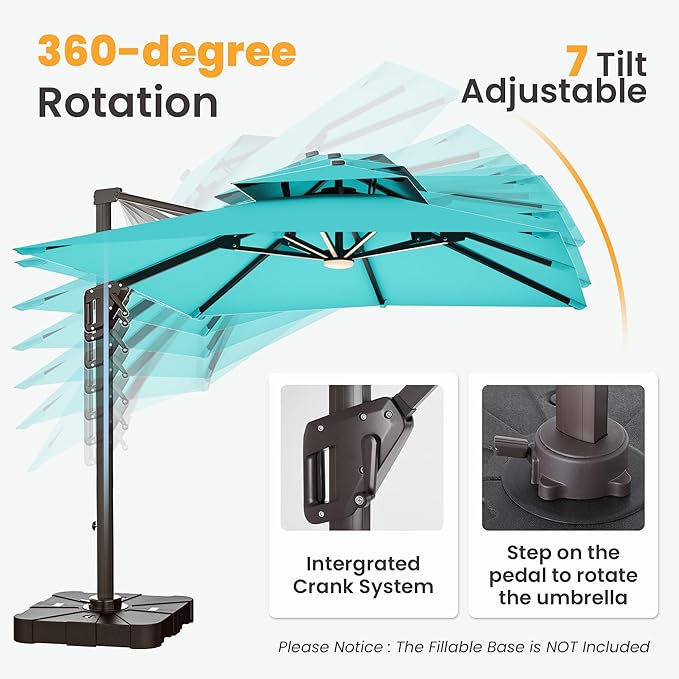 9x12 FT Cantilever Patio Umbrella with Led Lights Double Top Outdoor Rectangular Large Heavy Duty Aluminum Offset Umbrellas with 7 Level Tilt 360-degree Rotation for Pool Garden Deck, Turquoise