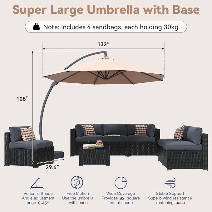 Aoxun Patio Furniture Set with Umbrella, 8 Piece Outdoor Sectional Sofas, Wicker Rattan Outdoor Furniture with Thickened Cushion for Backyard, Garden Light Grey