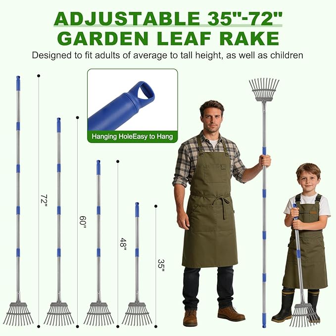 Garden Rake for Leaves, Heavy-Duty Small Metal Rake for Lawn, Yard, Garden Beds, Debris & Shrubs, 6 ft Adjustable Handle for Kids and Adults