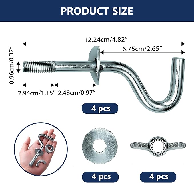 4 Pack Heavy Duty Hammock Hooks, Galvanized Metal Replacement Hardware for Hammock Stand, Fits 1-1/4 to 2 Inch Poles, 3/8 Inch Diameter S-Hooks for Indoor Outdoor Patio Swing & Chair （Silver）