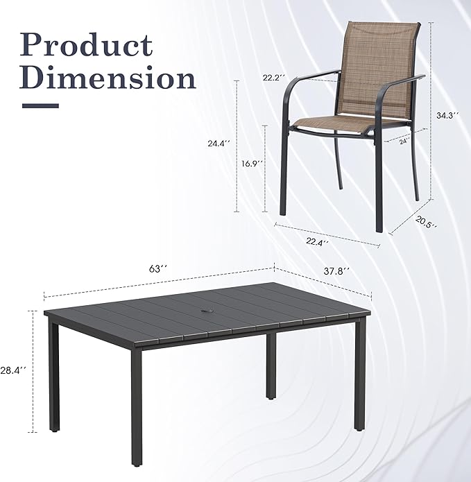 Patio Table and Chairs Set for 6, Outdoor Dining Set with 6 Stackable Dining Chairs and 63"x 37.8" Metal Steel Rectangle Dining Table for Backyard, Deck, Lawn, Garden, Brown & Black