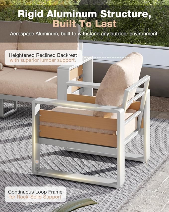 Aoxun Aluminum Patio Furniture Set, 5 Seats Luxury Outdoor Sectional with 6" Olefin Fabric Cushions, Patio Conversation Sets with Coffee Table Outdoor Sofas for Backyard, Deck, Porch Beige
