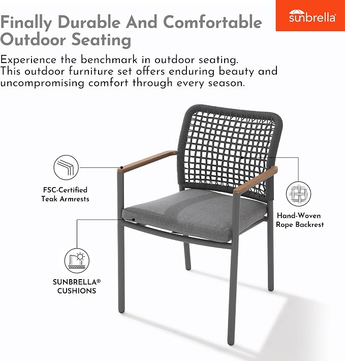 Modern Shade 7 Piece Luxury Outdoor Dining Set, Large Outdoor Table and Chairs with Fade Resistant Cushions & Teak Accents, Premium Aluminum Patio Table and Chairs Set for Outdoor Entertaining, Gray