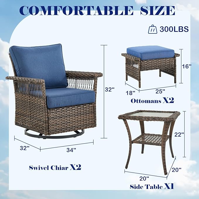Outdoor Wicker Patio Furniture Set - 5 Piece Rattan Patio Conversation Sets with 2 Swivel Rocking Chairs,2 Ottomans and 1 Side Table for Porch Deck Garden(Brown/Blue)
