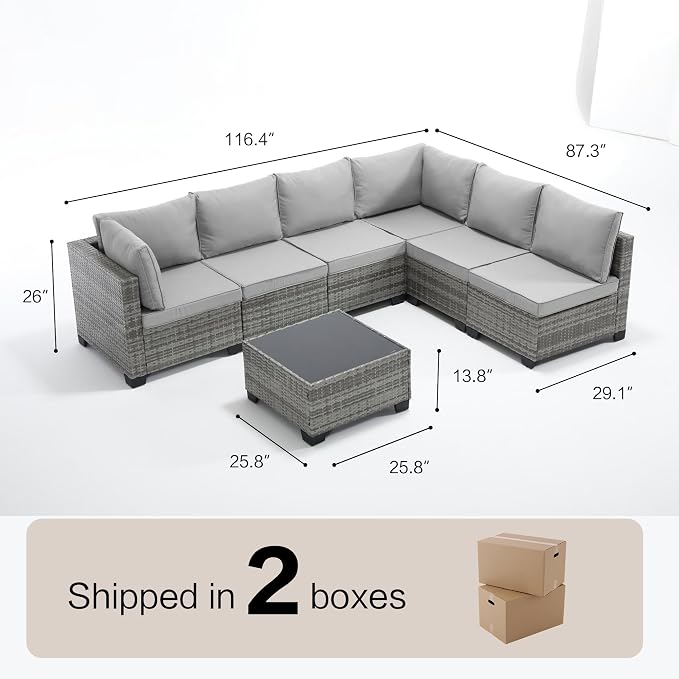 7-Piece Outdoor Patio Furniture Set, Gray PE Rattan Sectional Sofa with Light Grey Cushions and Steel Frame, Coffee Table Included, Modular Outdoor Conversation Set for Patio Garden Poolside