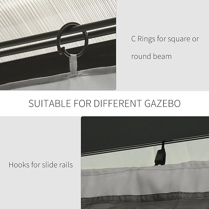 Outsunny 10' x 10' Universal Gazebo Sidewall Set with Panels, Hooks and C-Rings Included for Pergolas and Cabanas, Light Gray