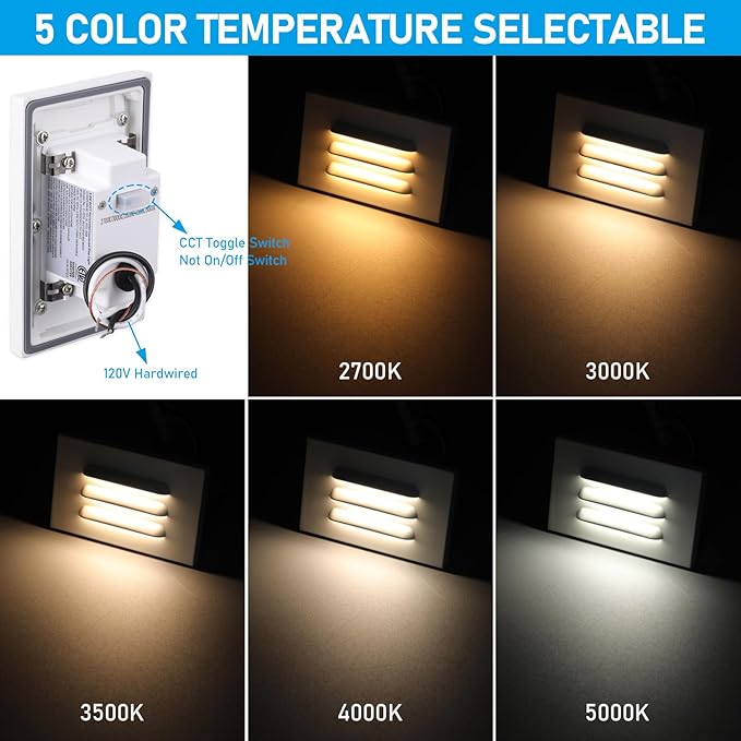 LEONLITE 5CCT 120V LED Step Lights, 3.5W Dimmable Horizontal Louvered Stair Lights Indoor Outdoor, Wet Location, CRI90, ETL, 2700K/3000K/3500K/4000K/5000K, Aluminum, White, Pack of 3