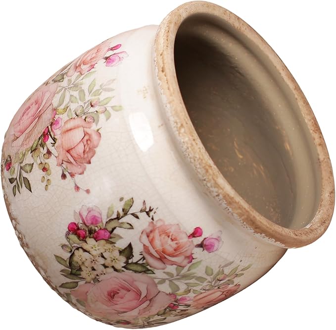 Xiaan Jiaju Ceramic Planter for Indoor Plants, 6.29 Inch Rose Pattern Crackle Glaze Flower Pot with Drainage Hole, Orchid Succulent Pots, European Farmhouse Bedroom Balcony Decor Gift, Pink